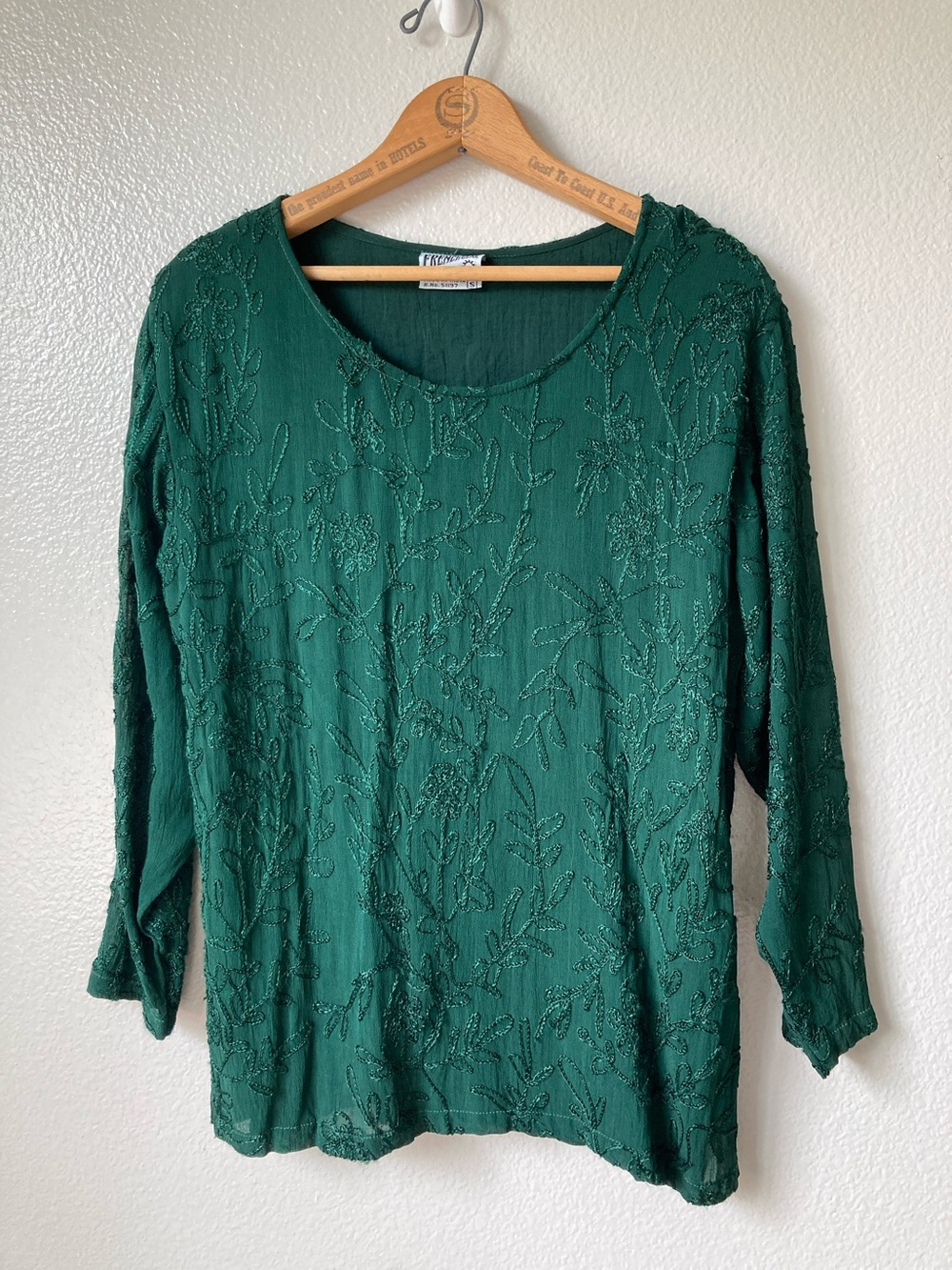 Vintage 90s French Gear Embroidered Forest Green Top Sheer overlay boho sz S